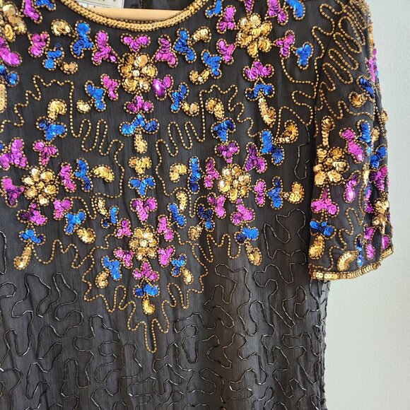 NWOT Vintage Stenay Sheath Silk Short Black Beaded Dress, Size Large Party/Gala - Picture 3 of 15